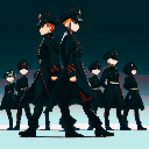 soldiers lined up, black uniforms, black hats, skull masks, lined up, facing camera, full-body image