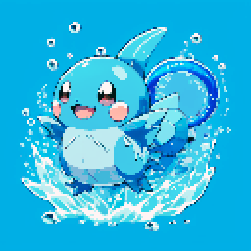pokemon style water type starter, pixelated sprite, vibrant blue scales, aquatic creature, fins and gills, cute and friendly expression, small and compact body, water droplets splashing, shiny and reflective skin, animated waves surrounding