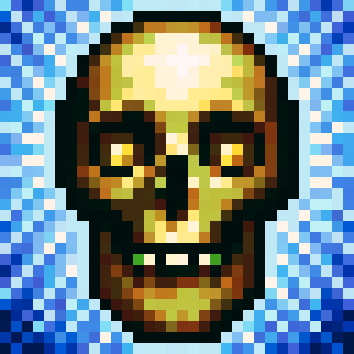 skull, game icon, 32x32 pixel art, sRGB, skill art, close up, portrait, glowing eyes, cracked bone, intricate details, vibrant colors, shadowy background, pixelated texture, menacing expression, symmetrical design