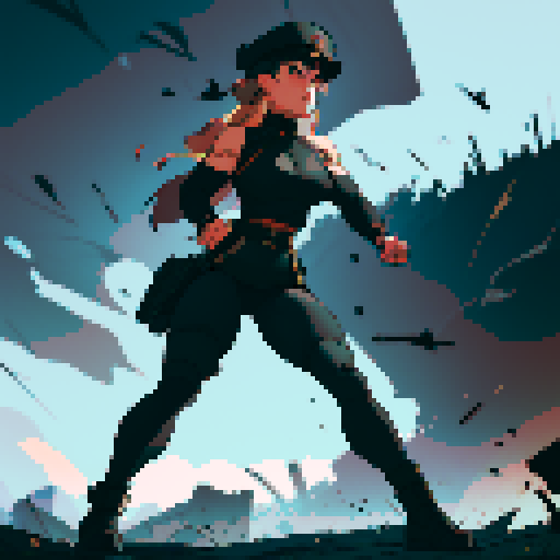 full-body image, muscle girl, female, thick biceps, big shoulders, big fists, muscular physique, thick waist, facing left, ready to fight, exaggerated proportions, black military uniform, black hat, military backdrop, sRGB, pixel art, army behind her, military behind her, army in background, army, soldiers, evil, dark, evil soldiers, black uniforms, destroyed town, battlefield