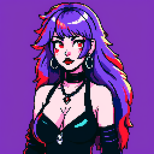 Thicc, busty goth girl, with long purple hair, eyeliner, red lipstick. wearing a halter top and spiked collar. Posing for a up close face portrait. vibrant sRGB colors, pixel art,