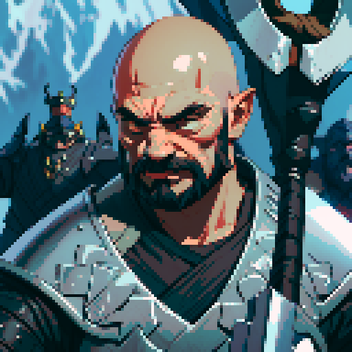 bald, black bearded dwarf warrior, wielding a great axe, clad in heavy armor, pixel art style, vibrant sRGB colors