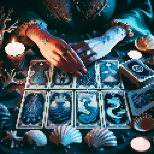A close-up of a woman's hands over a table during a tarot card reading in a medieval dark style. The table is adorned with elements of the ocean such as sea shells, sand, and small pieces of coral. The atmosphere is mystical and dimly lit, with candlelight casting shadows that enhance the eerie and magical mood. The woman's hands are gracefully poised over the cards, which also have oceanic designs like waves and mermaids.