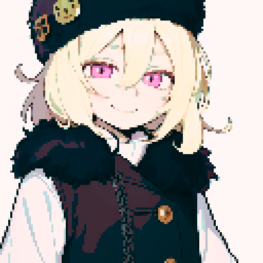 Solo male with perfect anatomy, straight-on, inframe, facing viewer, with round pupils, light blonde hair between eyes, wearing an ushanka hat with a black fur collar, a black vest, puffy sleeves, and black elbow gloves, his light pink eyes looking at the viewer, smile, in a pixel art style with sRGB colors, half closed eyes, best quality, stylised chibi,