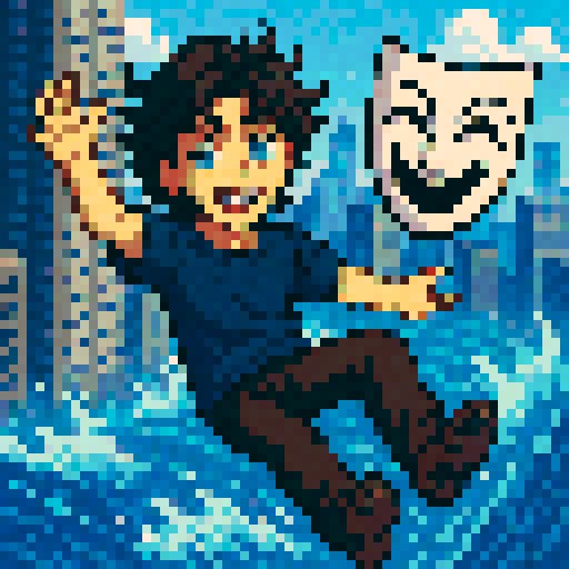 medium length wavy brown haired man falling into the ocean from a skyscraper. Smile on his face. Greek comedy mask. Gray eyes, anime style vibrant. 