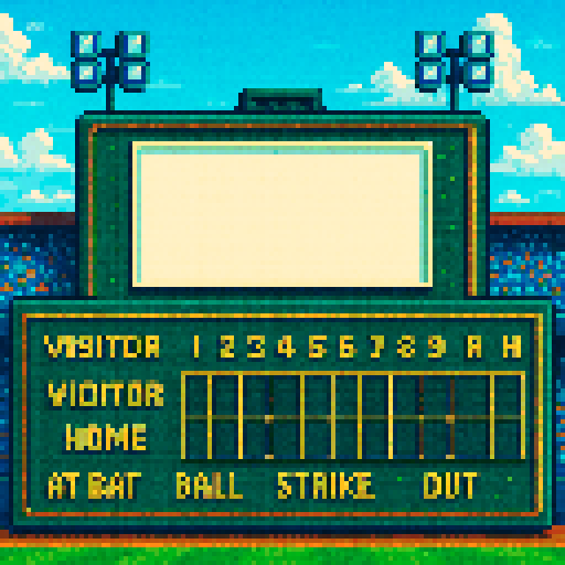 Can you make an image of a baseball stadium scoreboard?  You can leave the part of the scoreboard blank where there would be stats or a picture of the player or something.  Can you go it in the style of award winning pixel art similar to that of Sonic of the Hedgehog?  