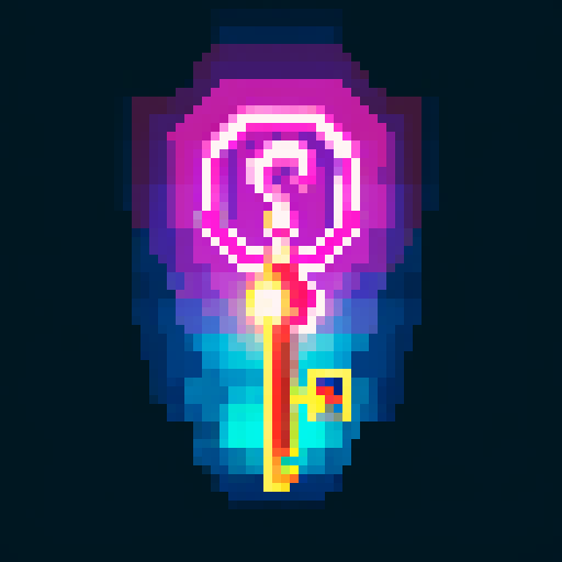 magical key, glowing with vibrant colors, surrounded by mystical symbols, rendered in intricate pixel art, against a background of dark sRGB hues
