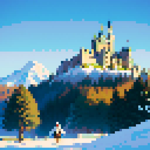 Knight sleeping under a tree while a castle sits in the background. Snow-capped hills. All rendered in a vibrant, pixelated art style on an sRGB background