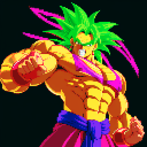 Broly, towering and muscular, surrounded by vibrant, neon colors, depicted in intricate pixel art, emanating raw power and fury, against a backdrop of a sRGB color palette