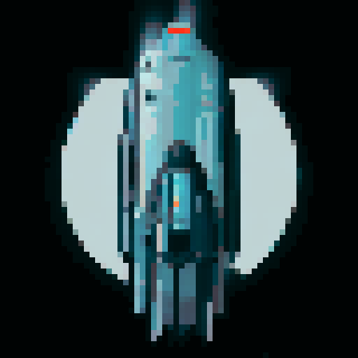 Spaceship, sleek design, metallic exterior, retro aesthetic, pixelated details,blinking lights, computer screens, wireframe outlines, geometric shapes, low-resolution textures, vibrant pixel art style, sRGB color space
View from above
