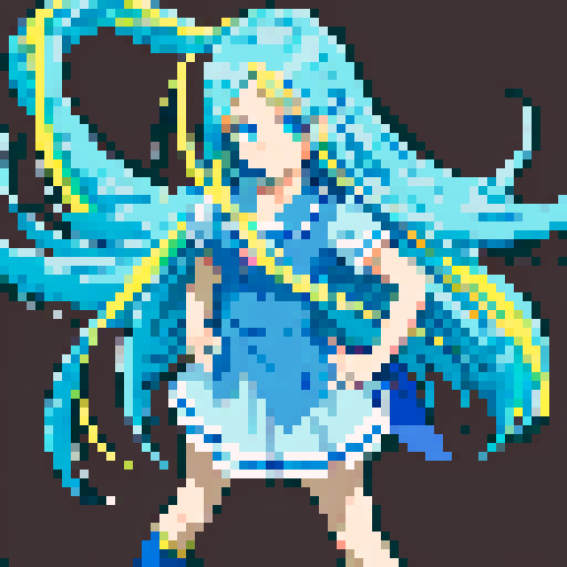 anime girl with long, flowing hair, bright blue eyes, and a mischievous smile, standing proudly in a revealing school unifor, with a 16 bit style that pops against the sRGB color palette