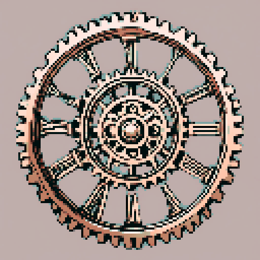 I want a copper gear that looks like it was made by a master clockmaker. It should have strange mechanical details that could interlock with each other. I also want this object usable an asset in a videogame, meaning only one object per image, outlined with a strong black stroke, on a solid-color background.