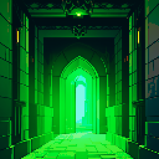 close-up shot, many doors showing, passageway, diffuse light at end, sRGB, pixel art