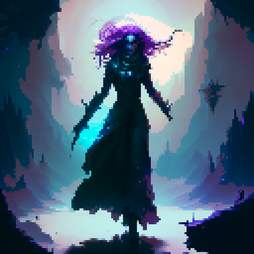 female necromancer, long dark hair, full body, action pose, swirling purple and green magic, mysterious ruins, ethereal glow, intricate staff, flowing robes, intense gaze, dark shadows, ancient spellbook, fantasy RPG