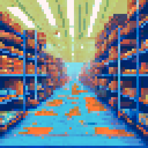 pixelated, colorful, stacks of cardboard boxes, neatly organized, towering shelves, faded retro signage, fluorescent lights, dust particles in the air, a forklift in the corner, conveyor belts, mechanical noises, crates filled with tools, vintage machinery, paint splatters on the floor, rusted metal beams