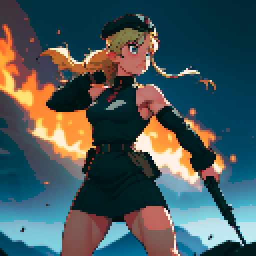 full-body image, muscle girl, female, thick biceps, big shoulders, big fists, muscular physique, thick waist, facing left, ready to fight, exaggerated proportions, black military uniform, black hat, military backdrop, sRGB, pixel art, army behind her, military behind her, army in background, army, soldiers, evil, dark, evil soldiers, nazi