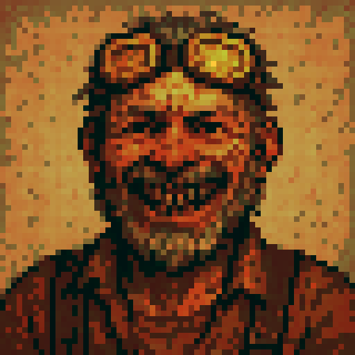 64x64 pixel art portrait, front-facing bust. Rusty the Wasteland Mechanic NPC from post-apocalyptic survivor game. Weathered face with scruffy graying beard, cracked yellow safety goggles pushed up on forehead, wild manic grin showing gap-toothed smile. Dirt-smeared skin, oil stains on cheeks. Worn brown leather vest over faded orange work shirt. One suspender visible. Mad Max aesthetic meets 16-bit RPG character portrait. Muted palette: rust browns, dusty oranges, weathered grays, dirty yellows