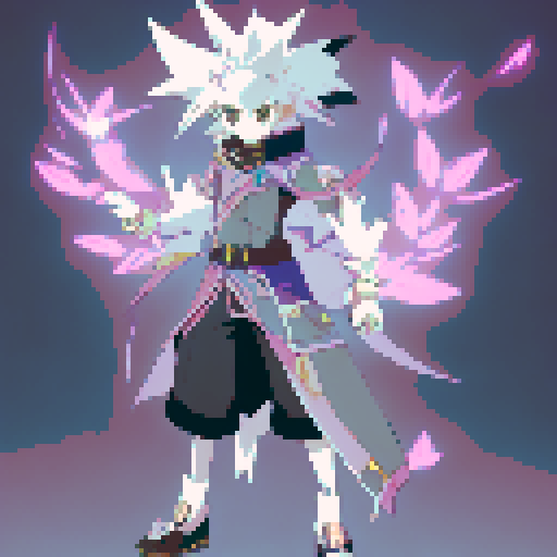 A pale, ethereal figure floats amidst cascading cherry blossom petals, holding a scythe with intricate engravings and wearing a flowing black robe with golden trimmings