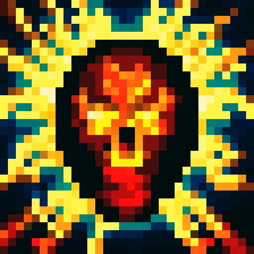 A raging inferno engulfs a tiny metropolis, with sinister skulls appearing in the flames and their ghostly visages haunting the smoke, all rendered in vibrant pixel art