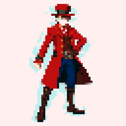 steampunk young man, red coat, red hat, 2D game stance, pixel art, sRGB, full body