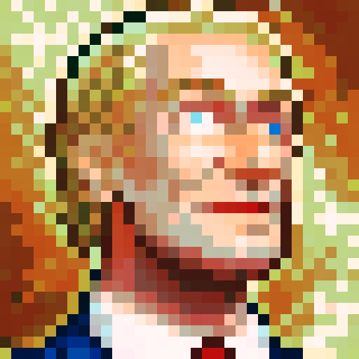 pixel art portrait of a confident man with blonde hair, wearing a blue suit and red tie, with a smirking expression, 32x32
