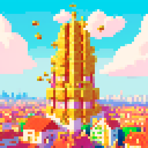 Imagine a vibrant, pixelated world known as Money Land, where the air is thick with the excitement of flying gold coins. This digital realm is filled with towering skyscrapers made of gleaming gold and silver, reflecting the bright, sunlit sky. Streets are lined with bustling marketplaces, where pixelated residents trade and barter using shimmering gold coins that seem to have a life of their own. In the sky above, gold coins of various sizes fly freely, leaving trails of glittering light in the