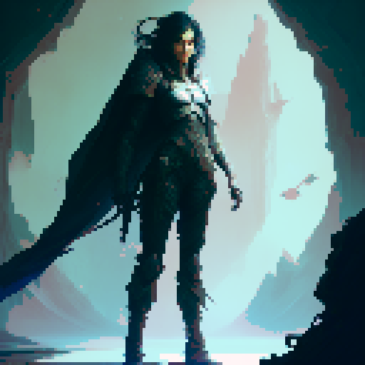 Full-body final Boss with long thin sword and flowing black hair, angel wing, demon wing.