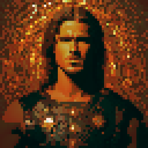 8-bit style portrait with vibrant, retro colors, showcasing a pixelated character in a dynamic pose against a black background, reminiscent of classic video games