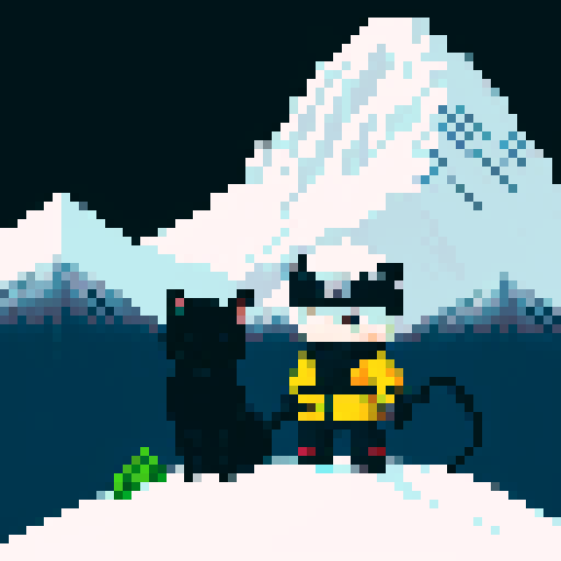 Hatake Kakashi with a black cat with yellow eyes on his shoulders in between towering, snowy mountains