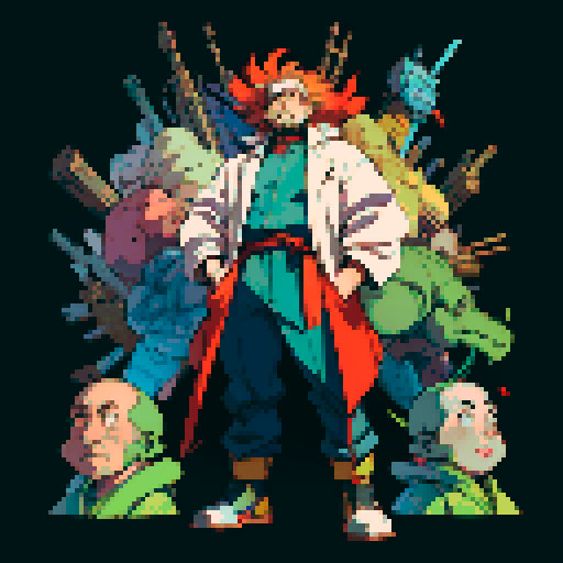 fat mad scientist, facing left, full-body image, exaggerated features, pixelated details, robot workshop backdrop, sRGB color palette