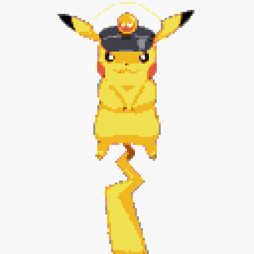 Create an image of Captain Pikachu standing balanced on his tail, showcasing agility. He wears a captain's hat tilted slightly forward over his narrowed eyes. A subtle smirk is on his face. Electric sparks crackle around his cheeks and tail. Focus on his physical details: the hat, the smirk, the tail-standing pose, and the electric sparks.