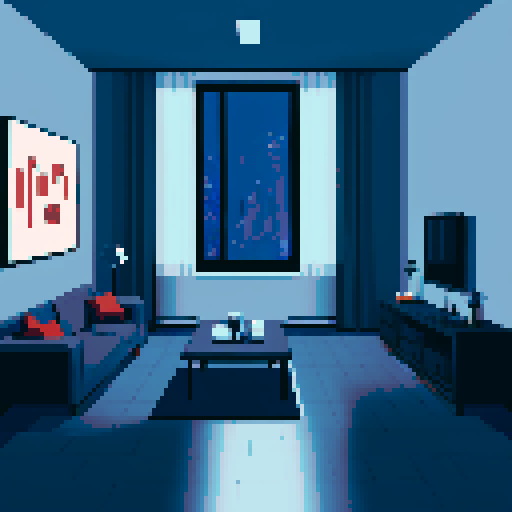 Dark, mysterious apartment interior with a sad cityscape in pixel art style, featuring dimly lit rooms