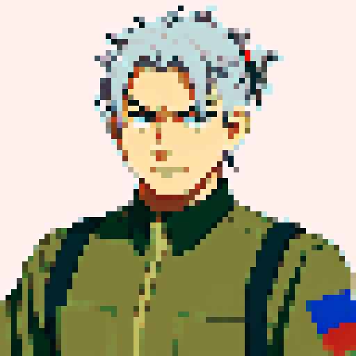 Tank driver, anime style, male, grey hair, short ponytail, pixel art, sRGB