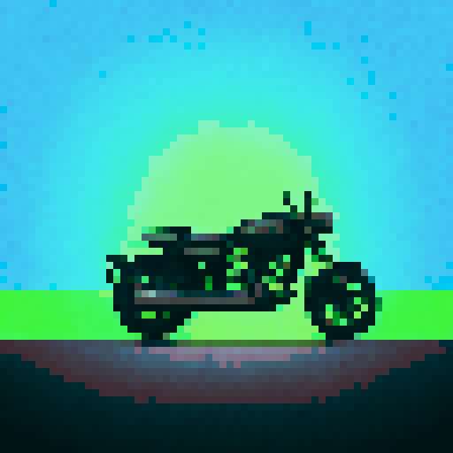 Green punk frog cruising on Harley Davidson bike through sRGB pixelated landscape with neon graffiti background