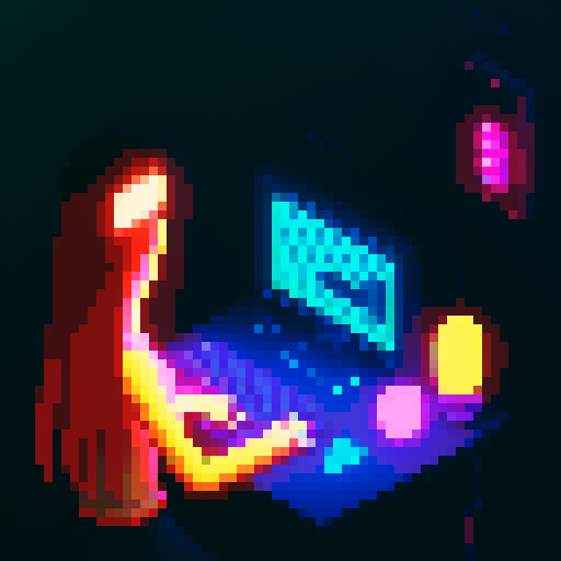 Hacker girl, neon-lit Tokyo behind, coding lines on screen, pixel art style.