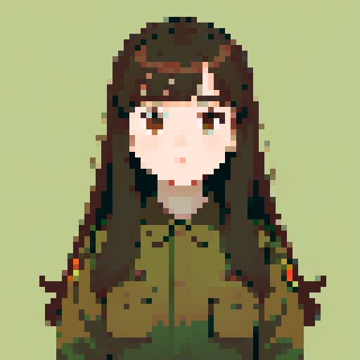young girl, large round eyes, soft long hair, innocent expression, brown hair, brown eyes, wearing combat green army uniform, upper body close-up, transparent background, clean and detailed, game icon, centered composition