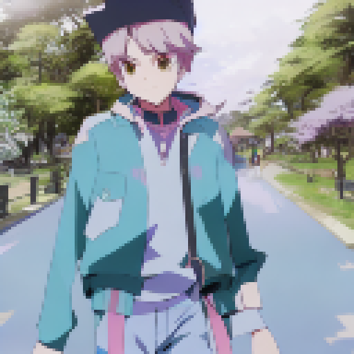 Flowers bloom in a vibrant, pastel meadow amidst towering, cherry blossom trees, all captured in an enchanting anime style.