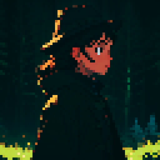 Dark night time in the forest background, Dark background, profile picture, young girl, rounded face, no emotion face, black eyes, short black hair, brown coat, brown hat, small chest