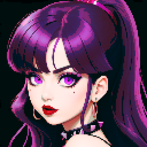 Thicc, busty goth girl, long purple hair, eyeliner, red lipstick, halter top, spiked collar, up close face portrait, vibrant sega genesis palette, pixel art portrait, 
