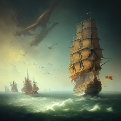 "Dutch-inspired, Baroque style, with bold colors and intricate details. A towering mast, billowing sails, and rusted chains adorn the vessel as it cuts through churning waves, while ornate carvings and gilded accents catch the eye." viewed from the side.