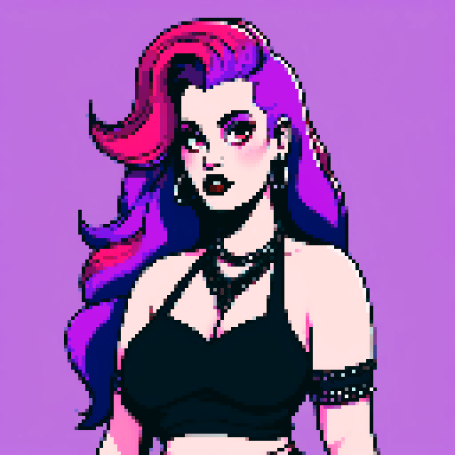 Plus size curvy, cute, busty greaser goth girl, with long purple hair, black eyeshadow, red lipstick. wearing low cut halter top and studded collar. Posing for upshot photo. whole head portrait, avatar photo. vibrant sRGB colors, pixel art, edgy aesthetic