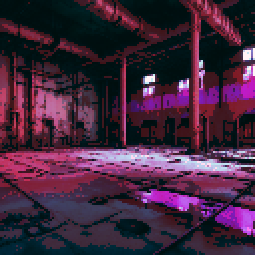 Corrosive Waste Factory "An eerie, abandoned factory with pools of glowing pinkish purple corrosive liquid, rusted metal machinery, leaking pipes, and a toxic atmosphere. The floor is corroded with holes, and the walls are covered in grime and rust. Dim industrial lights flicker in the background."