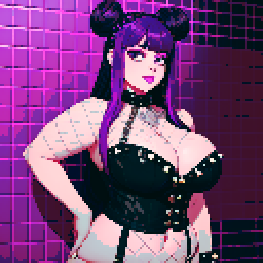 Portrait of Thicc, curvy, busty goth babe with studded collar, long purple hair in buns, fishnet stockings, studded halter top, posing sexy against a modern tile backsplash, neon lighting. pixel art, sRGB.