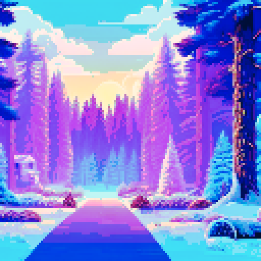 A snow covered winter forest, comprised of numerous tall spruce trees surrounding a clearing, a warm and quaint cottage rests in the center of the clearing, warm light shines through its windows casting light onto the snowy ground outside.