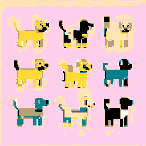 yard filled with dogs, custom color palette, one dog facing them all, microphone, pixel art, sRGB