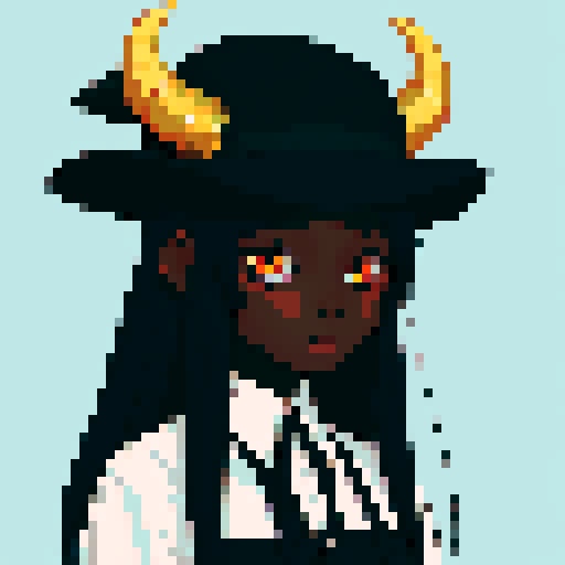 mysterious girl, dark skin, cool hat, white eyes, cute, creepy, unique, horns, dark palette, anime girl, pixel art, sRGB