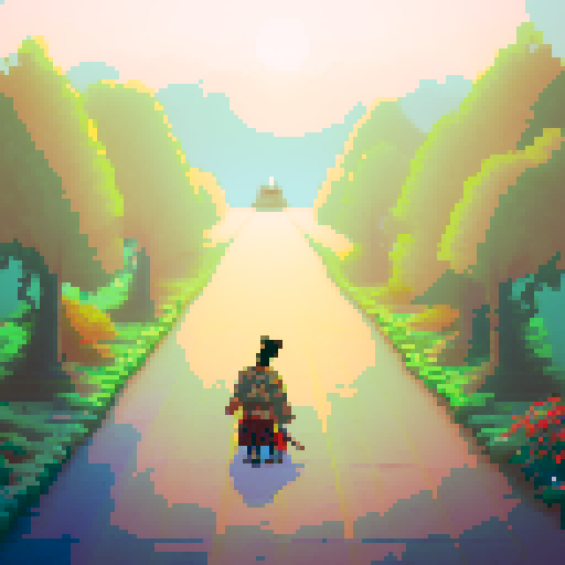 Samurai warrior, side shot, long road, reflecting pond, cherry blossom trees, Chinese pagodas, pixel art