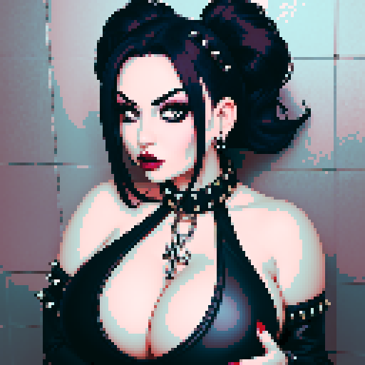 curvy, busty goth babe with studded collar, wearing halter top, in a full face portrait with a glamour shot aesthetic, against a tile backsplash, capturing an edgy pixel art style in sRGB