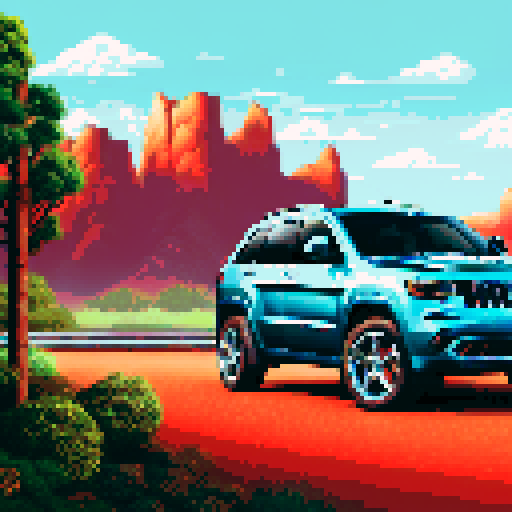 Photorealistic, centered Jeep Grand Cherokee in a three quarter view, right wheel in front, clean background, pixel art style with sRGB colors