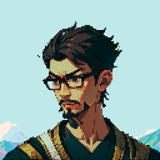 Southeast Asian man, short curly hair, round glasses, tanned, goatee, diamond shaped face, black eyes, wearing a robe